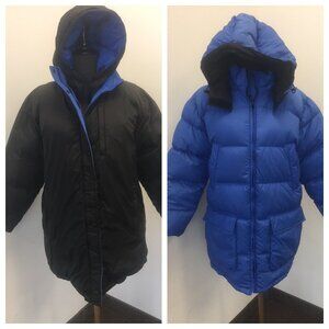 Vintage Lands' End Goose Down Reversible  Coat Blue Or Black Removable Hood 14-1